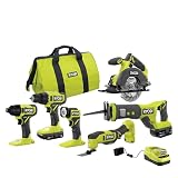 RYOBI ONE+ 18V Cordless 6-Tool Combo Kit with 1.5 Ah Battery, 4.0 Ah Battery, and Charger