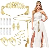 Florideco 14 Pcs Greek Goddess Costume Accessories Set for Women Golden Laurel Leaves Crown Upper Arm Coil Bracelet Artificial Pearl Drop Earrings Toga Waist Belt Bridal Wedding Party