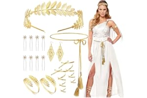 Florideco 14 Pcs Greek Goddess Costume Accessories Set for Women Golden Laurel Leaves Crown Upper Arm Coil Bracelet Artificial Pearl Drop Earrings Toga Waist Belt Bridal Wedding Party
