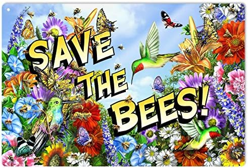 Janet Carmen Save The Bees Tin sIGN, Save The Bees Colorful Whimsical Fun Save The Bees Metal Sign, 12"x 8" Aluminum Sign.