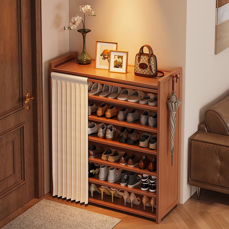 Shoe Rack Storage Cabinet Bamboo Free Standing Shoe Racks with Dustproof Curtain Storage Shelf Organizer for Entryway Hallway Bedroom (B-6 Tier)