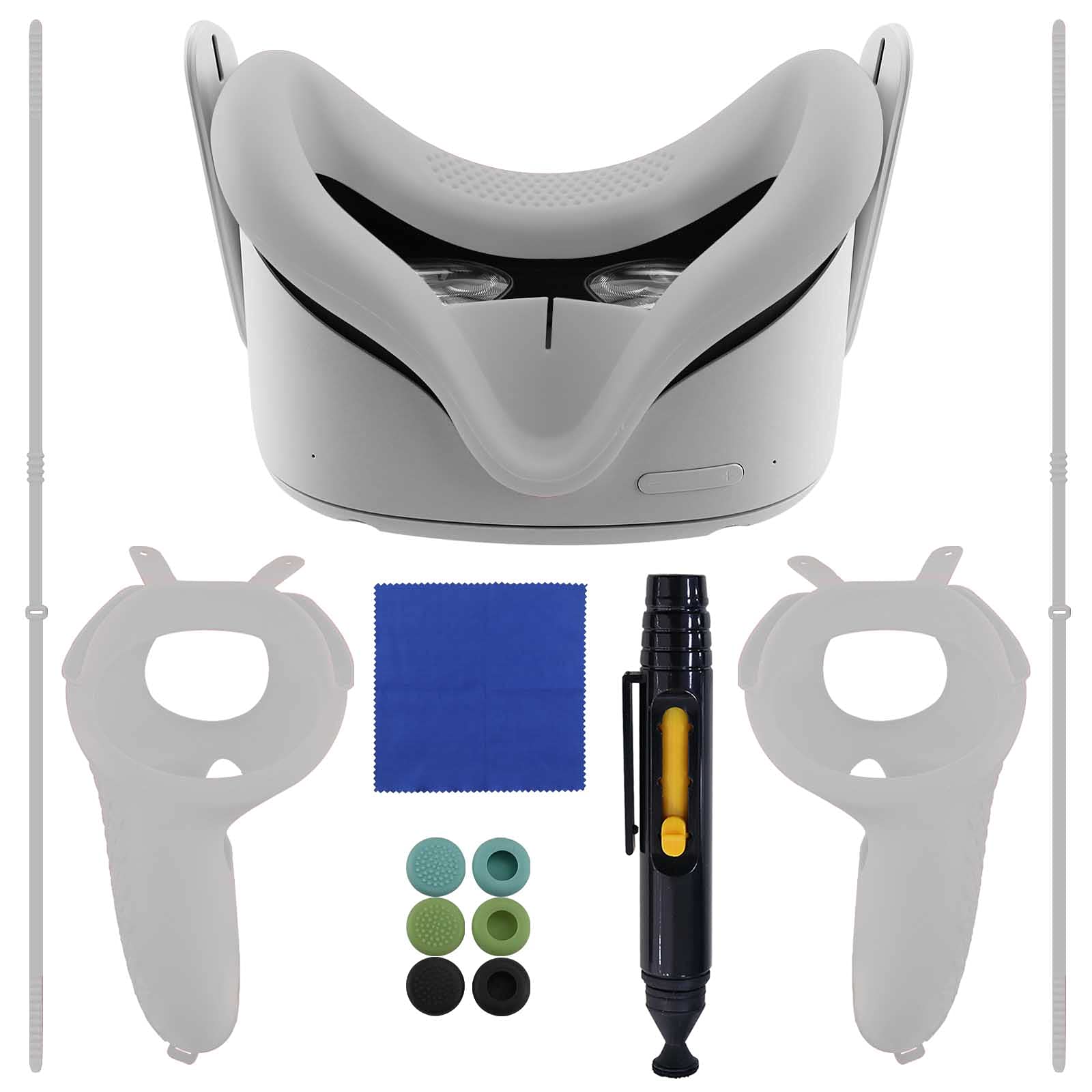 VR Cover Compatible with Oculus Quest 2, Silicone Face Cover, with Anti-Throw Controller Grip Cover, Rubber Grips Cover, Lens Cleaning Cloth, Cleaning Pen and VR Lens Protect Cover (Grey)