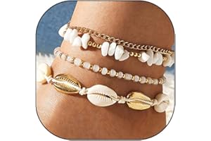 Rrdaily 4Pcs Layered Seashell Anklets Bracelets Set for Women Teen Girls,Adjustable Bohemia Beach Beaded Foot Chain Stone Anklet Bracelets Jewelry for Gifts