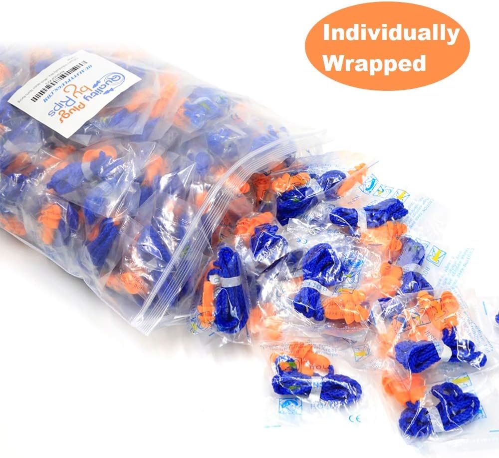100 Pairs Individually Wrapped Non Toxic Soft Silicone Corded Ear Plugs Reusable Hearing Protection Rubber Earplugs for Sleeping, Concerts, Music, Shooting, Construction Work, Motor Sports Racing: Health & Personal Care