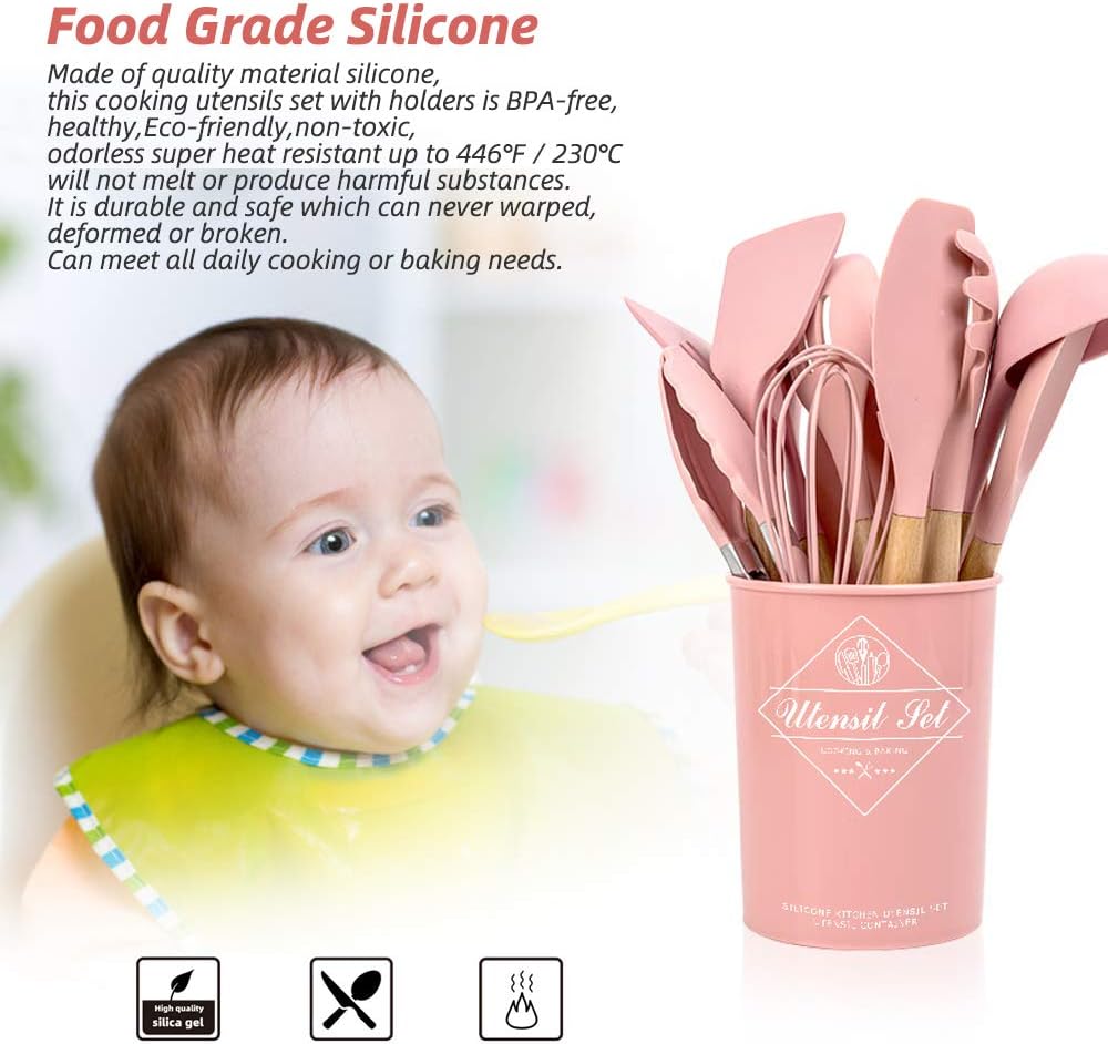28 Pcs Kitchen Utensil Set, STRAWBLEAG 12 Pcs Non-Scratch Silicone Cooking Kitchen Utensils Set with 5 Pcs Measuring Spoons and 11 Pcs Hook, Heat Resistant Wooden Handle Cooking Utensil Set (Pink): Kitchen & Dining