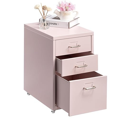 HollyHOME 3-Drawer Mobile File Cabinet, Under Desk Rolling Filing Organizer, Metal Storage with Casters for Home and Office, Light Pink