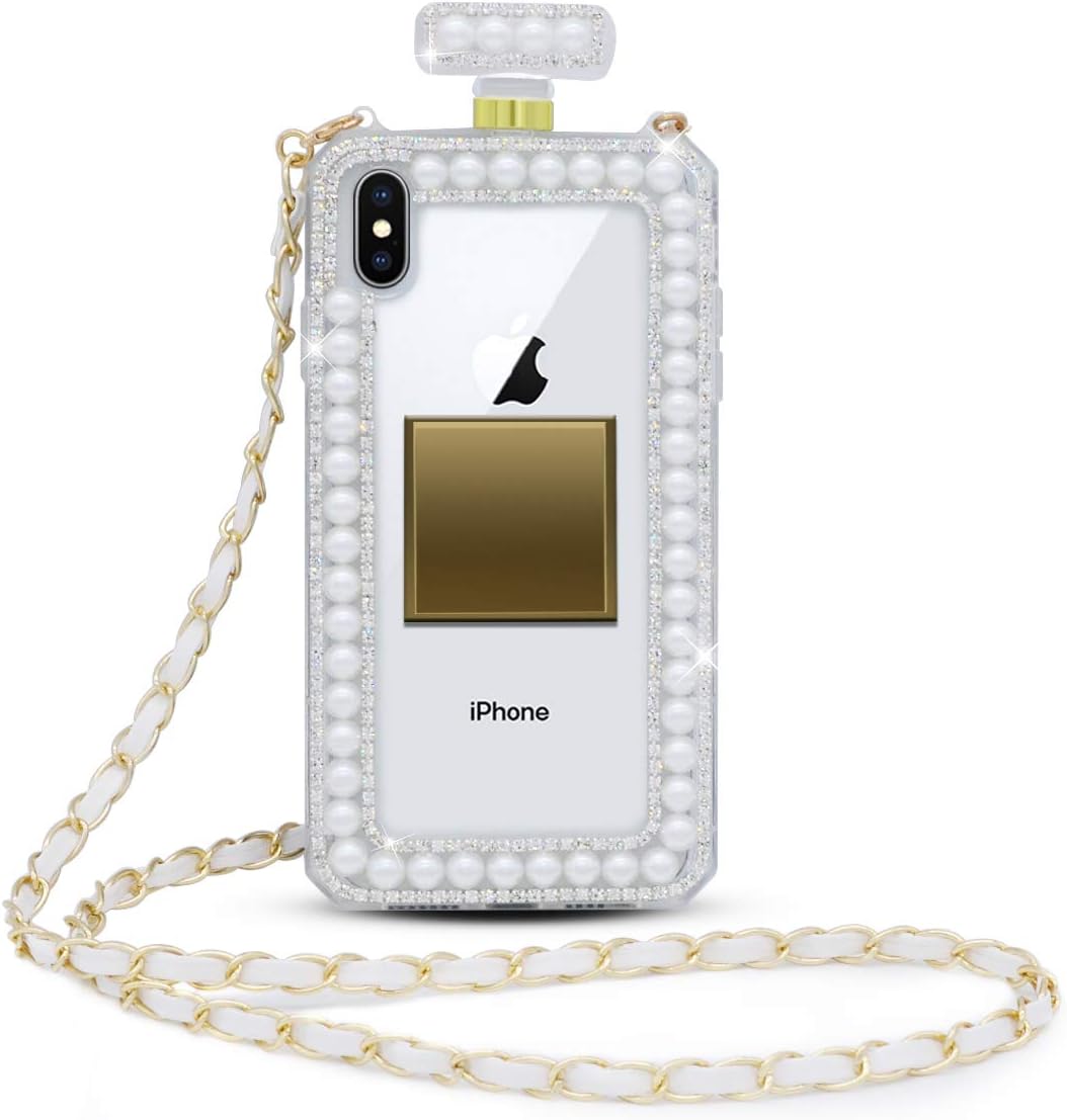 Fusicase for iPhone Xs Max Case Bling Diamond Perfume Bottle Design 3D Handmade Shiny Crystal Sparkle Rhinestone Pearls Chain Bumper Soft TPU Handbag Case for iPhone Xs Max