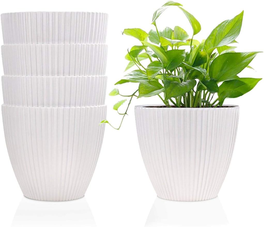 6 Inch Plastic Planters Indoor Flower Plant Pots, Set of 5 Modern Decorative Gardening Containers for Succulents, Flowers, Herbs, Cactus, House and Office Décor, White: Garden & Outdoor