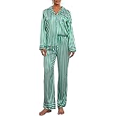 Luckinbaby Women Striped Pajamas Set Long Sleeve Satin Shirt Top Elastic Wide Loose Pants 2 Piece Lounge Sleepwear