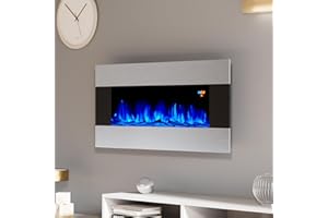 LUXOAK 40" Wall Mount Electric Fireplace, Stainless Steel Wall Hanging Fireplace with Remote, 6 Color 5 Brightness Log & Crystal Flame, Top Vent, Electric Heater for Living Room or Bedroom, Semisteel
