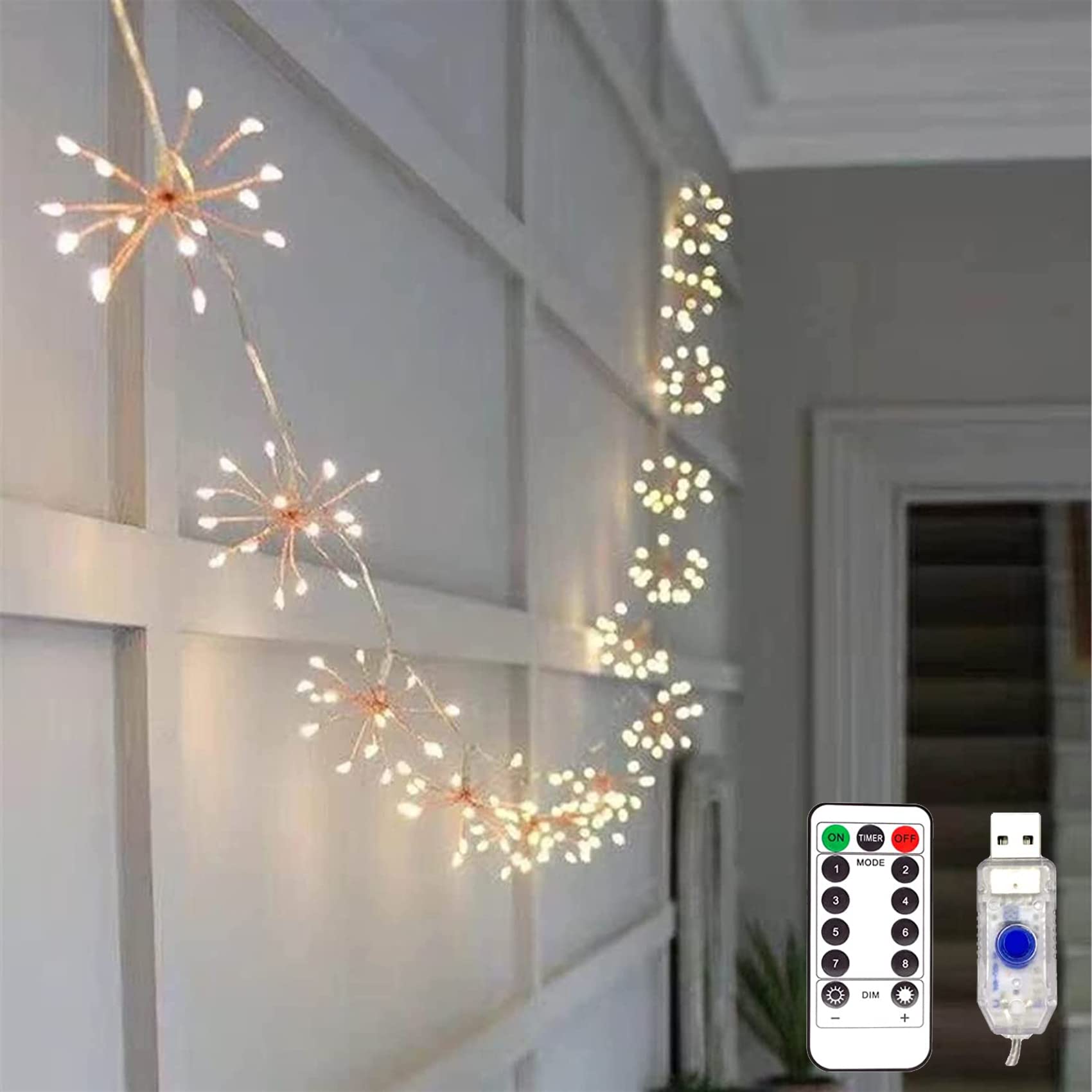 DINOWIN Mini Firework String Light with Remote Control USB Operated 8 Modes Chain Fairy String Lights Firefly Lights for Indoor Xmas Party Home Garden Decoration (10in1 150LED)