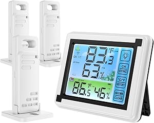 ORIA Touchscreen Temperature Humidity Monitor, Indoor Outdoor Thermometer Humidity, Digital Thermometer Hygrometer with 3 Wireless Sensors, Min and Max Records for Home, Office