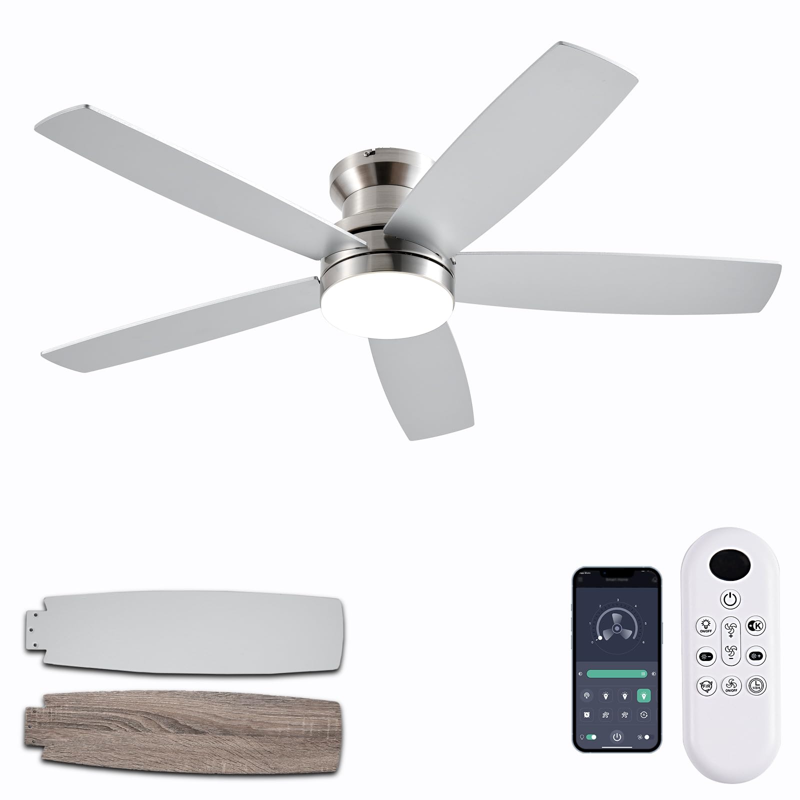 Photo 1 of NKPU 48Inch Flush Mount Ceiling Fans with Lights and Remote/App Control, Reversible DC Motor, Dimmable LED, Dual-Sided Blades, Low Profile Modern Ceiling Fan for Indoor Outdoor Use(Nickel)