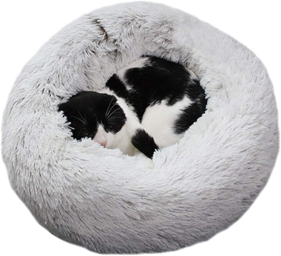 Mkiki Pet Dog Cat Calming Bed Round Nest Warm Soft Plush Comfortable for Sleeping Winter (50CM, Khaki)