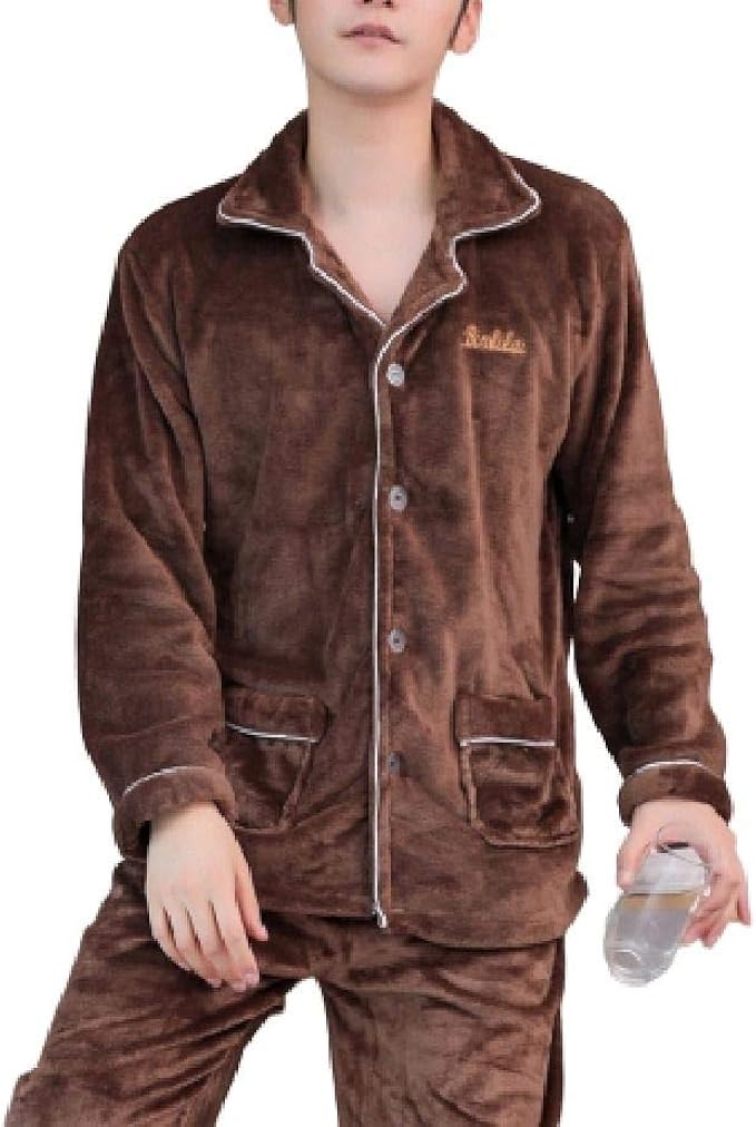 Yyg Men Nightwear Long Sleeve Flannel Warm Button Up Lounge