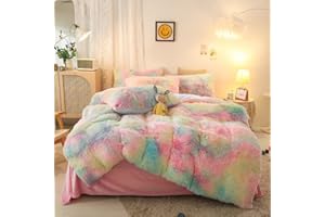 kxry Plush Rainbow Shaggy Bedding Set Queen Size for Girls Women Kids Fluffy Crystal Velvet Duvet Cover Faux Fur 1 Duvet Cover + 2 Pillow Cases