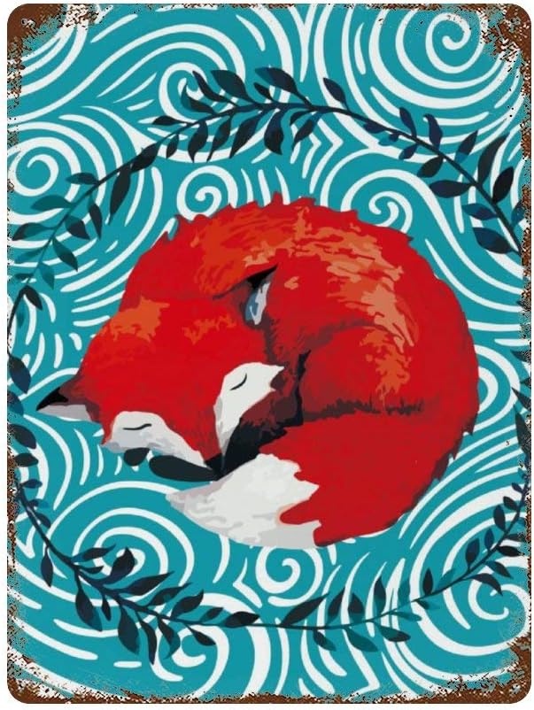 NoBrands Vintage Retro Metal Tin Sign Wall Decor Art Sleeping Red Fox Leaves Wreath Illustration Home Decor Plaque Poster Man Cave 8x12Inches (20x30cm) for Bar/Office/Home Decor