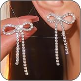 Red Bow Earrings for Women Valentines Dangle Earrings Trendy Silver Rhinestone Long Tassel Drop Valentines Day Gifts for Her