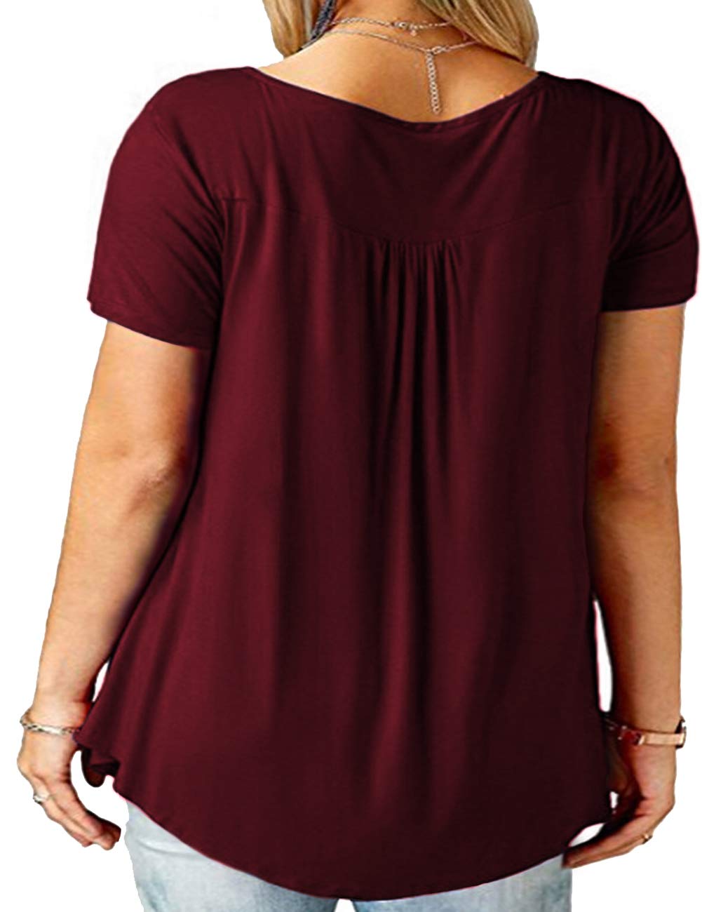 DIOLOCA Women\'s Pleated Tunic Shirts Plus Size V Neck Short Sleeve Shirts Button Up Blouses Summer Wine Red 4X