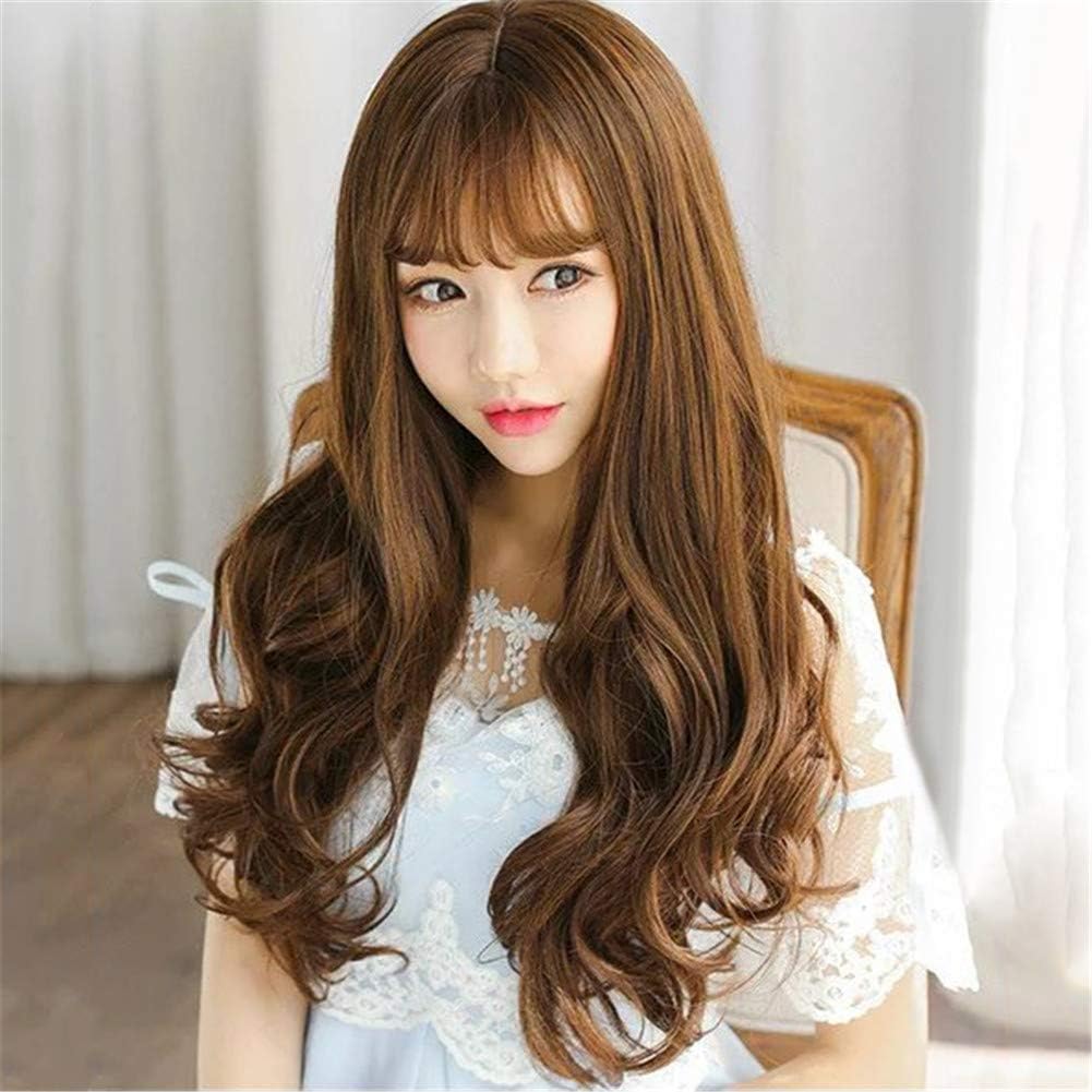 RemeeHi Synthetic Wigs with Air Bangs Neat Fringe Big Wave Long Curly Women's Full Wigs Honey Brown, 24 inch - Image 5