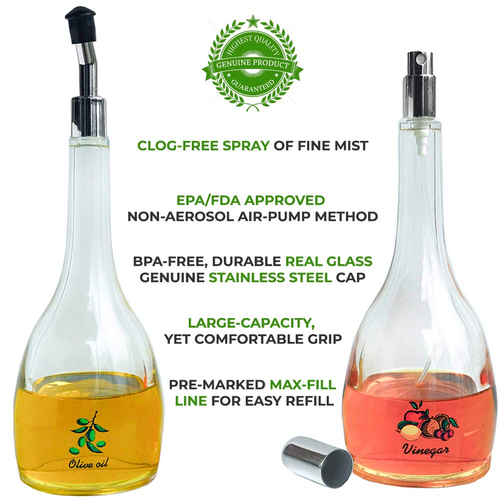 Olive Oil Dispenser and Vinegar Oil Sprayer For Cooking - 6.1 Oz Food Grade Pourer Mister Spritzer Spray Pump kitchen bottle with stainless steel top - Perfect for cooking oils, air fryer, BBQ, grill