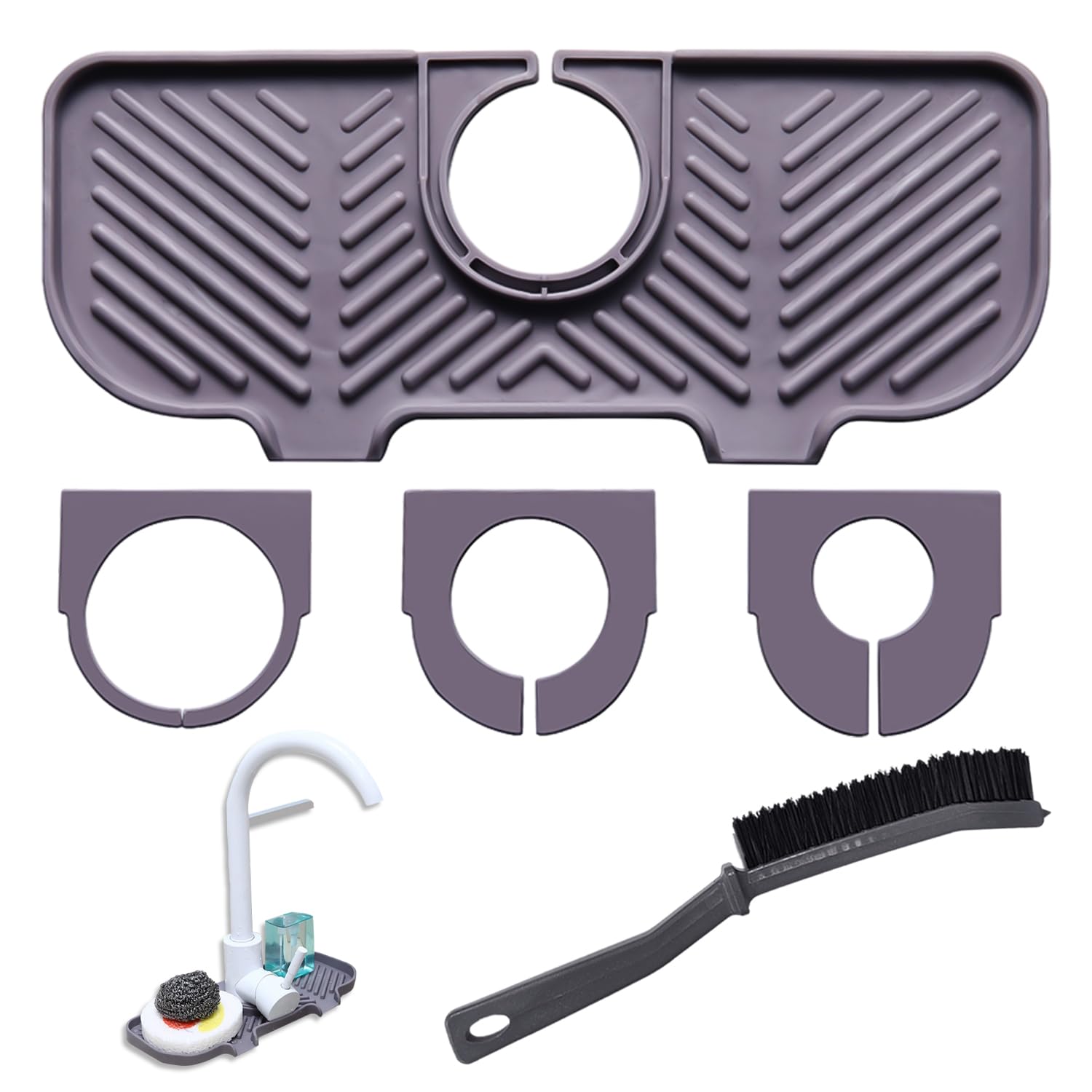 1 Piece Sink Draining Mat with 3 Snap Holes and 1 Cleaning Brush, Sink Protection Set, Faucet Splash Pad, Silicone Draining Mat, Absorbent Mat, Suitable for Kitchen, Bathroom (Grey)
