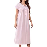 FMIRREO Women's Long Nightgowns Cotton Night Gowns for Adult Women Short Sleeves Sleepwear Lightweight House Dresses
