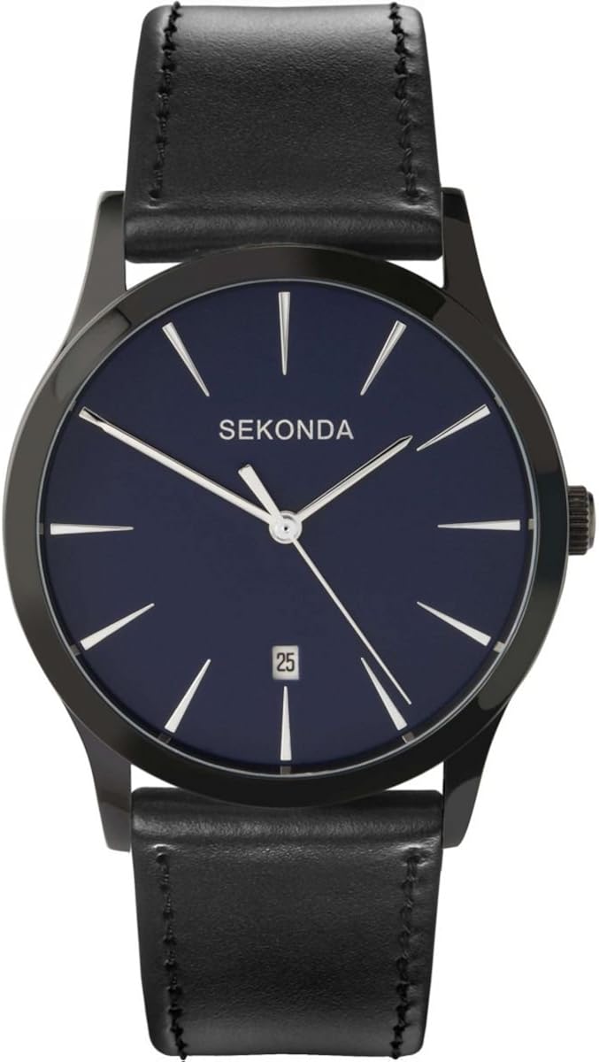 SEKONDA Men's Quartz Watch with Blue Dial Analogue Display and Black PU Strap 3536