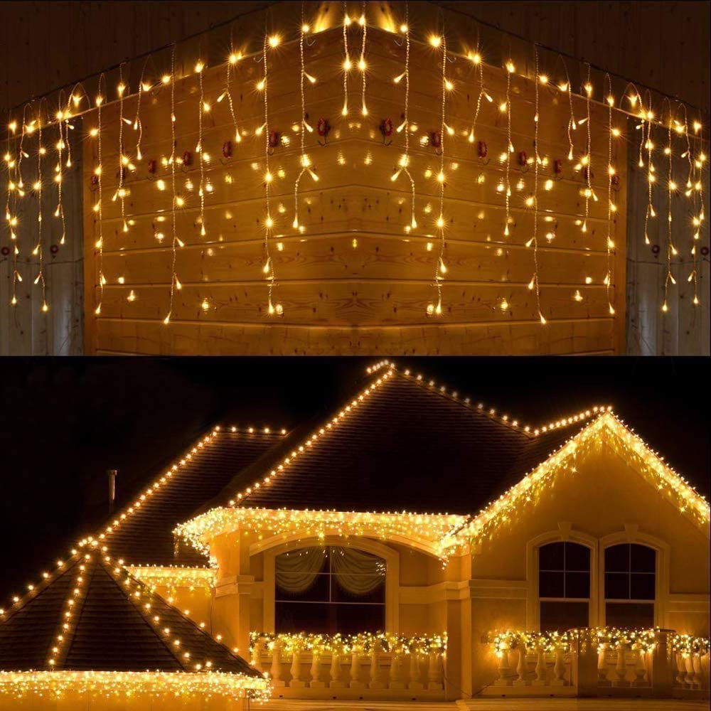 SHATCHI 720LEDs Waterfall Icicle Christmas Lights Warm White - Multifunction 8 Modes, Timer Clear Cable Indoor/Outdoor Low Voltage Waterproof Curtain Light Christmas Decoration