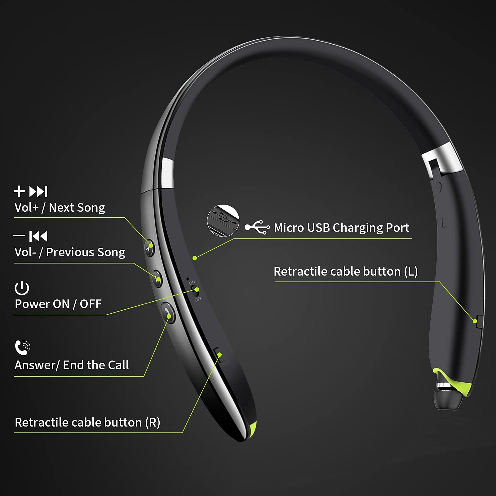 Bluetooth Headset, 2025 Upgraded Neckband Bluetooth Headphones with Retractable Earbuds, Noise Cancelling Stereo Earphones with Mic, Foldable Wireless Headphones for Sports Office with Carry Case