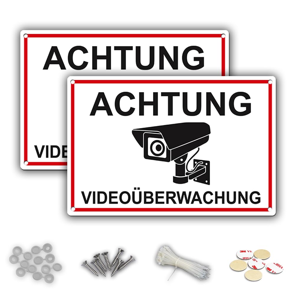 DinAliX CCTV 2 Signs Video Surveillance | 30 x 20 cm PVC | Waterproof Print | Includes All Mounting Accessories | Suitable for Indoor and Outdoor Use