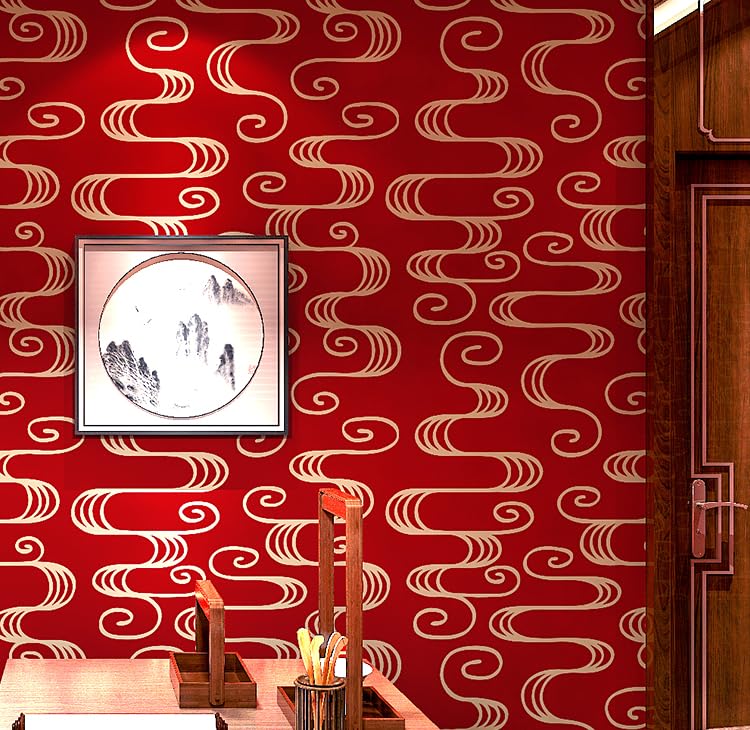 BaierSai 9.5X0.53M Traditional Chinese Red Yellow Abstract Matt Waterproof Textured PVC Wallpaper Roll for Bedroom Livingroom 1.73' W x 31.2' L=5.035㎡ (54sq.ft)