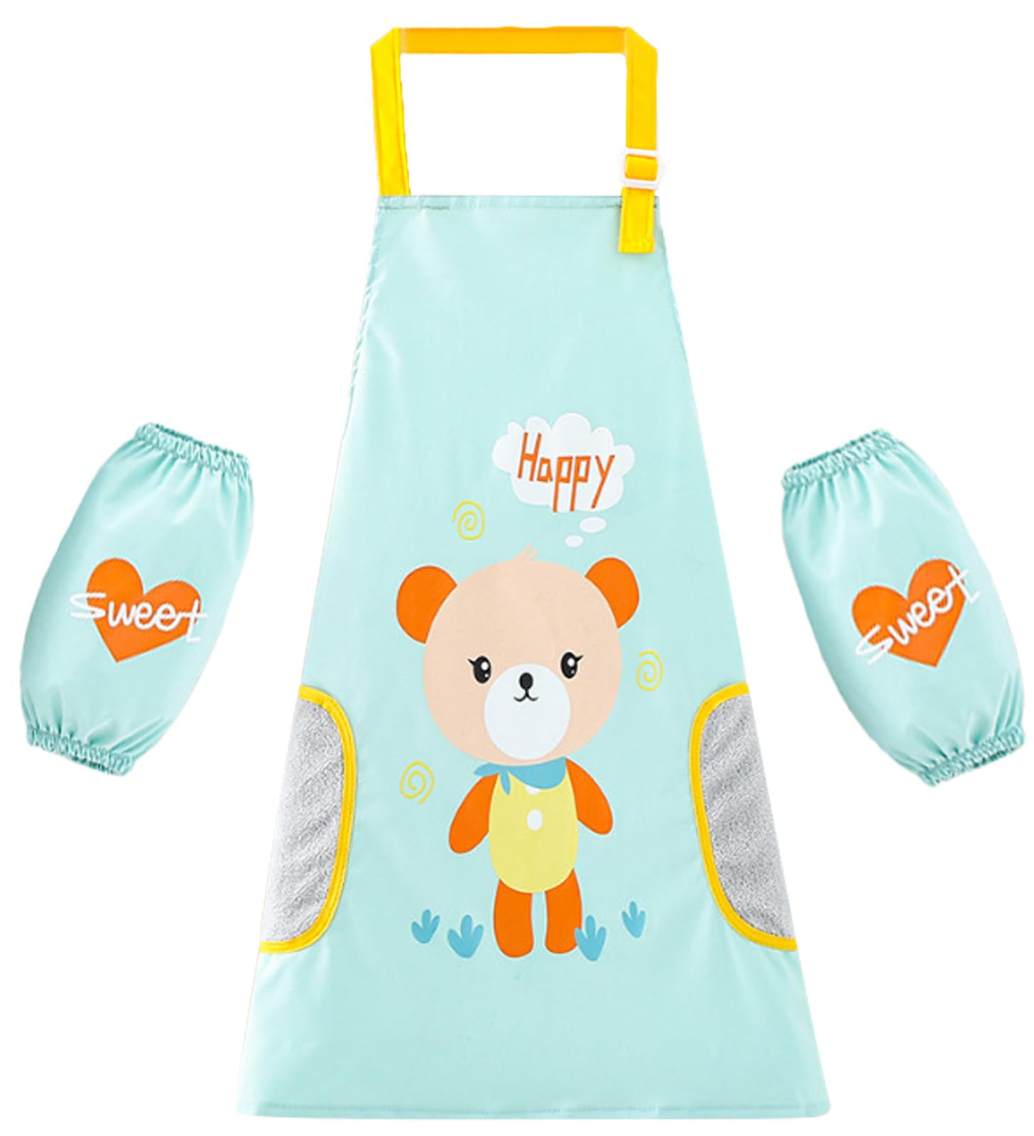 LIMHOO 2-in-1 Kids Art Apron Set Waterproof Graffiti Painting Crafting Apron for Children with Wipe-Clean Coral Fleece Panels (Green Bear-XL)