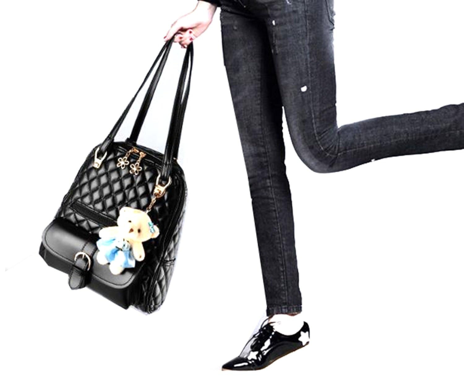 di grazia women's 2 way convertible backpack handbag (black-quilted-teddy-backpack, black)