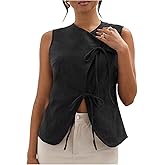 Milumia Women's Bow Tie Tank Top Wrapped Sleeveless Split Hem Summer Causual Linen Vest Tops