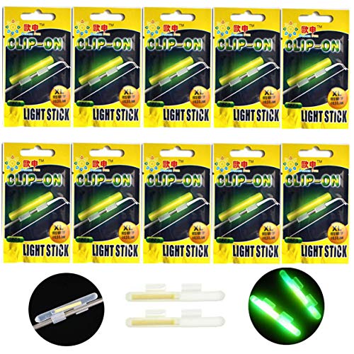 Clip On! Fishing Glow Sticks For Pole 20 Pcs(10 Packs) M L XL Green