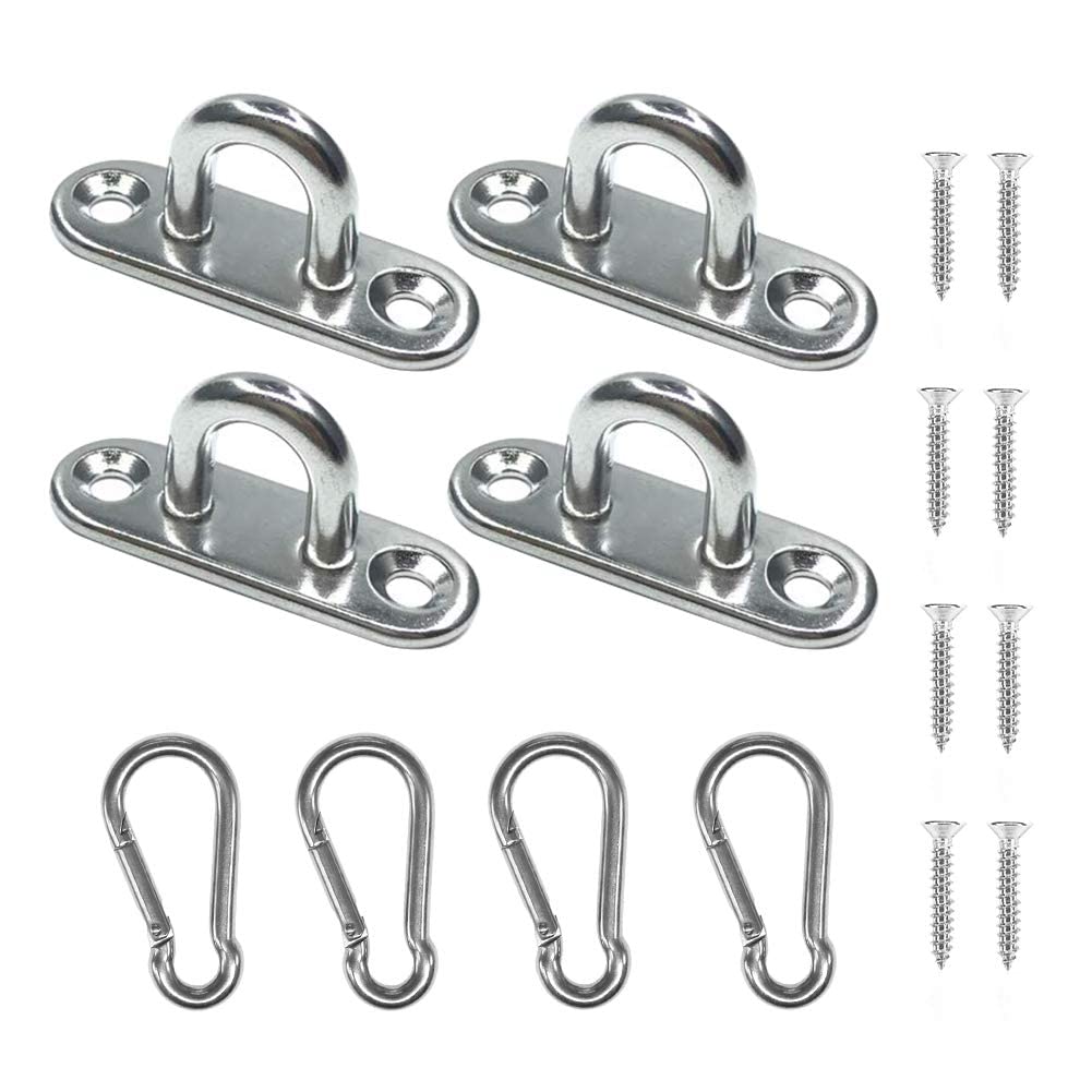Hushtong Stainless Steel 1.8 inch Pad Eye Plate U Hooks + Stainless Steel Snap Hook,Marine Hardware Staple Hook Loop with Screws, 4 Pack