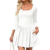 Wenrine Womens Square Neck Mini Dress Casual Patchwork Slim Long Sleeve Ruffle Summer Short Dresses