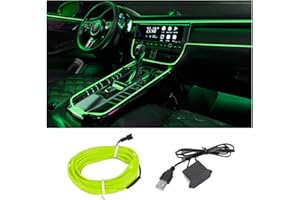 HIPOPY EL Wire Interior Car LED Strip Lights, USB Auto Neon Light Strip with Sewing Edge, 16FT Electroluminescent Car Ambient Lighting Kits with Fuse Protection, Car Decoration Accessories (Green/16FT)