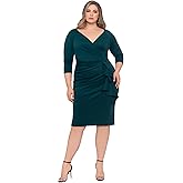 Xscape Women's Plus Size Midi V-Neck 3/4 Sleeve Side Ruched Dress, Hunter, 18W