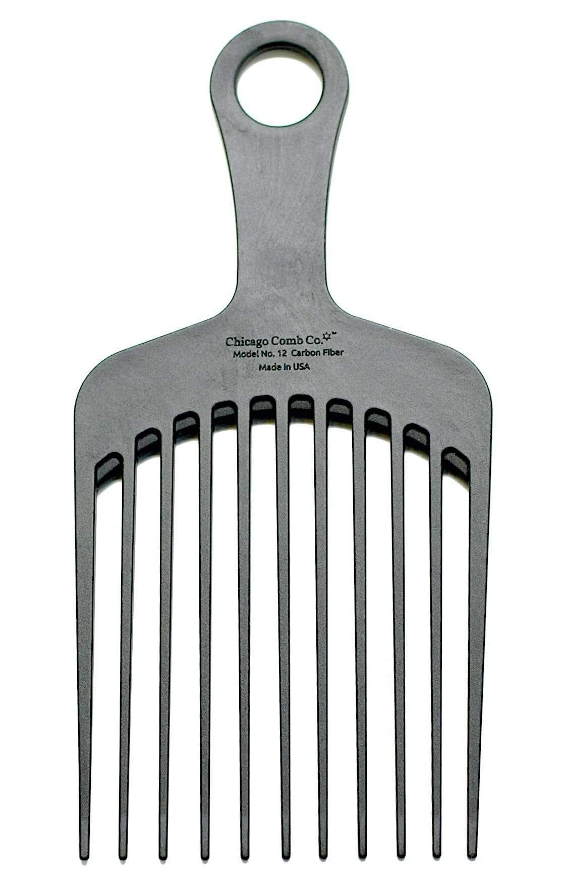 Chicago Comb Model 12 Carbon Fiber, XL Wide-Tooth Pick, Anti-Static, 7.5 Inches (19 cm), Made in USA, Large Detangling and Styling Pick