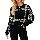 ChiaoLezhee Checkered Pullover Sweaters, Crew Neck Long Sleeve, Fall Clothing, Lightweight Sweater for Women Striped Plaid