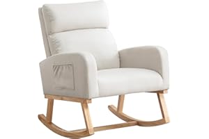 HOMYKA Rocking Chair Nursery, Uplostered Leather Rocker Nursing Chairs with Wood Legs and Side Pocket, Comfortable Glider Roking Chair for Nursery, Living Room, Bedroom, Leather Beige