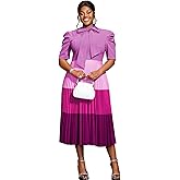 AOMEI Women's Colorblock Bowtie Neck Half Sleeve Pleated A-Line Midi Dress