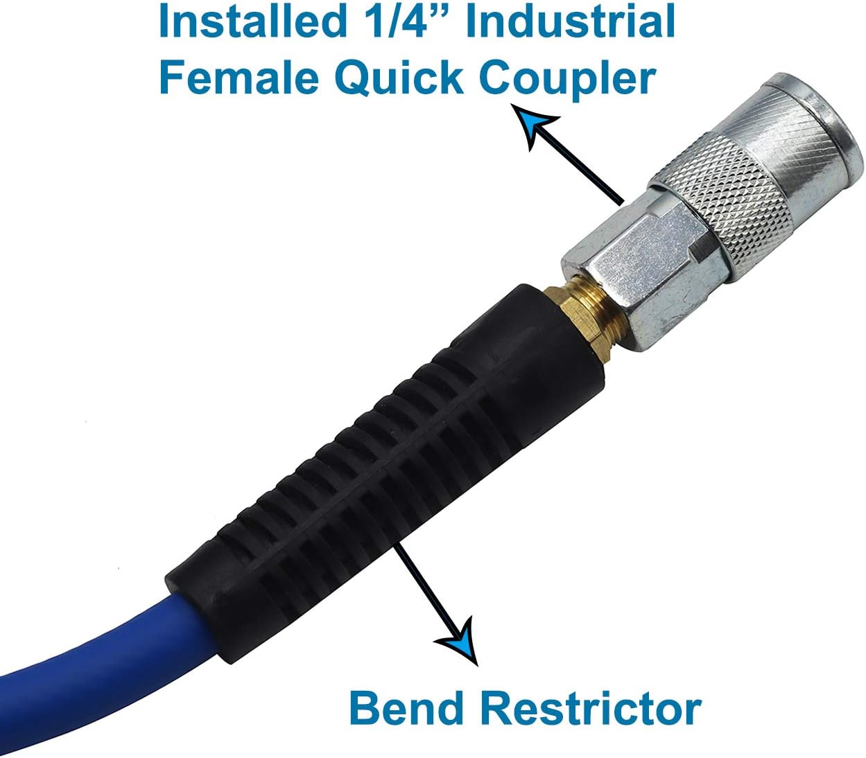YOTOO Hybrid Air Hose 1/4-Inch by 25-Feet 300 PSI Heavy Duty, Lightweight, Kink Resistant, All-Weather Flexibility with 1/4-Inch Industrial Quick Coupler Fittings, Bend Restrictors, Blue - - 