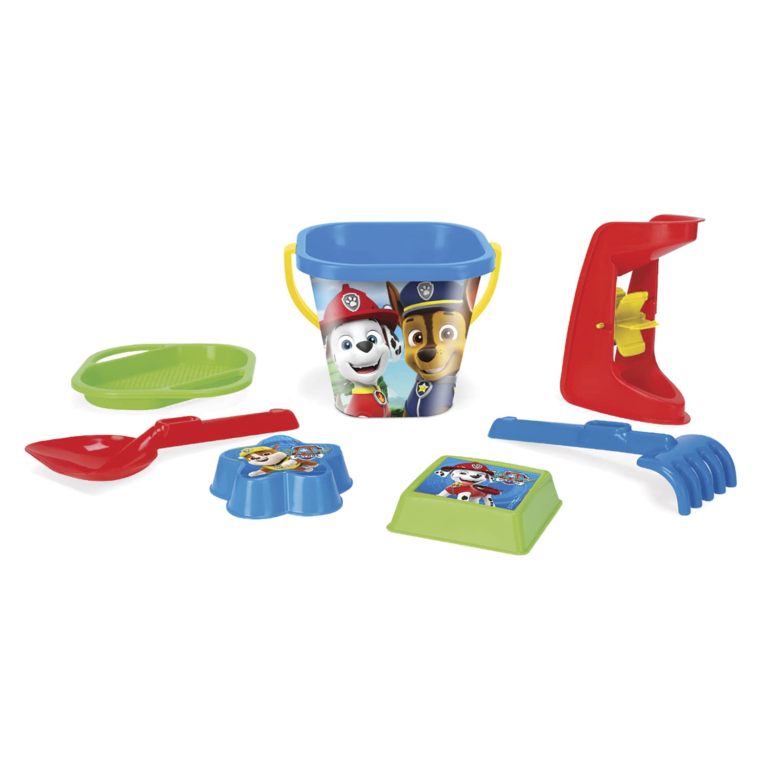 Wader Paw Patrol 81142 Bucket Set with Bucket, Sieve, Sand Mill, Shovel, Rake and 2 Sand Moulds, 7 Pieces, from 12 Months, Ideal as a Gift for Creative Play