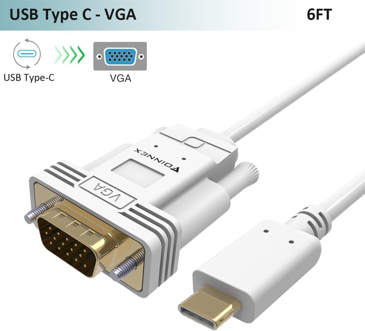 USB-C to VGA Cable,(1.8M,1080p),FOINNEX USB Type-C VGA Adapter Cord (Thunderbolt 3) for MacBook/iPad Pro 2018,iMac,Surface Pro7/Go/Book 2,Galaxy S10/S9/S8 Note 10/9/8,Chromebook,Dell to TV/Monitor