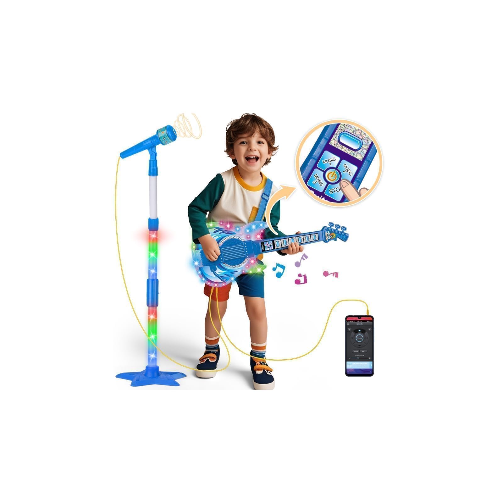 Photo 1 of **MISSING STAND**Kids Guitar and Microphone Set, Toy Guitar with Adjustable Volume and Strap, Microphone with Stand and Color Light, Toddler Musical Instrument for 3-5 5-9, Kids Karaoke Machine for Boy Girls(Blue)