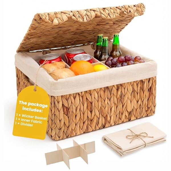 WICKER BASKET WITH LID, HANDWOVEN WICKER TOY BOX WITH SCALLOPED EDGES, RECTANGULAR STORAGE BIN FOR PICNIC & SHELVES W/HANDLES, WATER HYACINTH BASKET WITH LINER & DIVIDER – 15.2L X 11.2W X 7.4H IN
