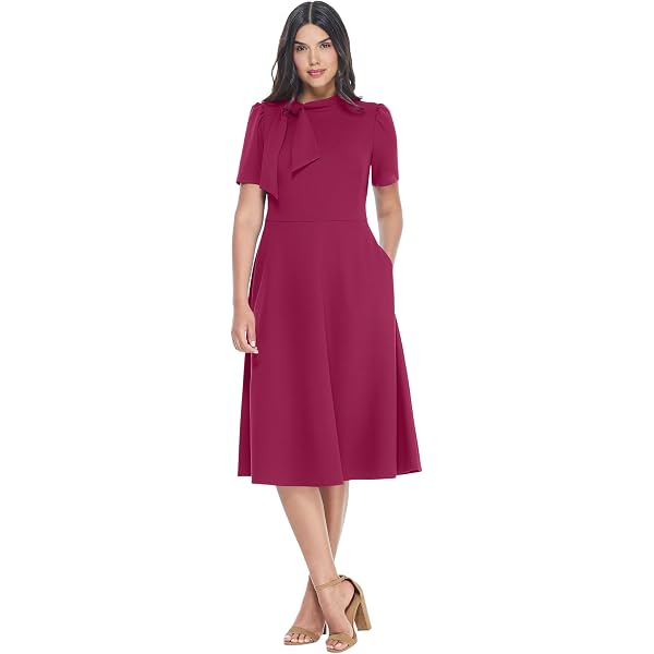 London Times Women's Crepe Fit and Flare Midi with Waist Button Detail  Black at Amazon Women's Clothing store